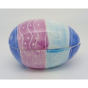 Easter Egg Large Trinket Box Ceramic Pink Blue Glossy Swirl Design Spring Decor